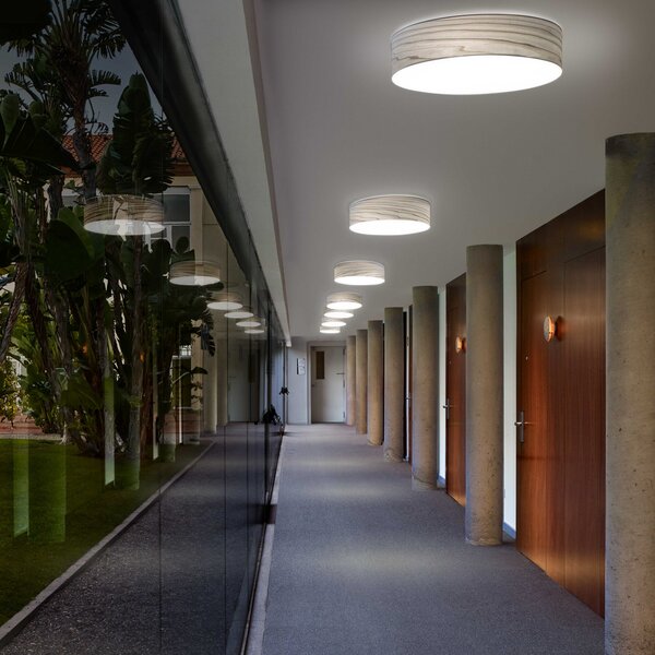 LZF LAMPS LED stenska svetilka Gea, siva, Ø 42 cm, les, zatemnjen, Siva, Dnevna soba / jedilnica, Les, Dizajn