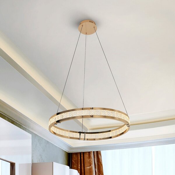 Schuller Valencia LED viseča svetilka Lorian, zlata barva, Ø 60 cm, kovina, zatemnjen, Zlata / medeninasta, Dnevna soba / jedilnica, Aluminij
