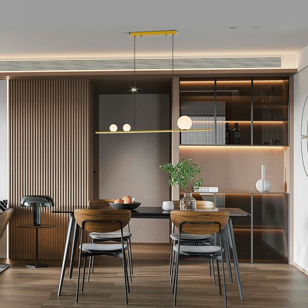 Schuller Valencia LED obesna svetilka Mila, zlata barva, dolžina 120 cm, 3-delna., zatemnjen, Zlata / medeninasta, Dnevna soba / jedilnica, Aluminij, Sodobni