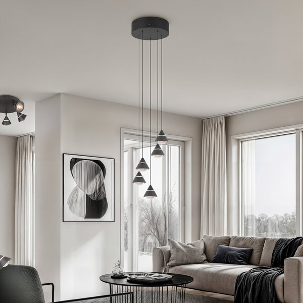 Trio Lighting LED viseča svetilka Romeo, Ø 28 cm, črna, kovina, 5-svetilna., Črna, Dnevna soba / jedilnica, Kovina, Sodobni