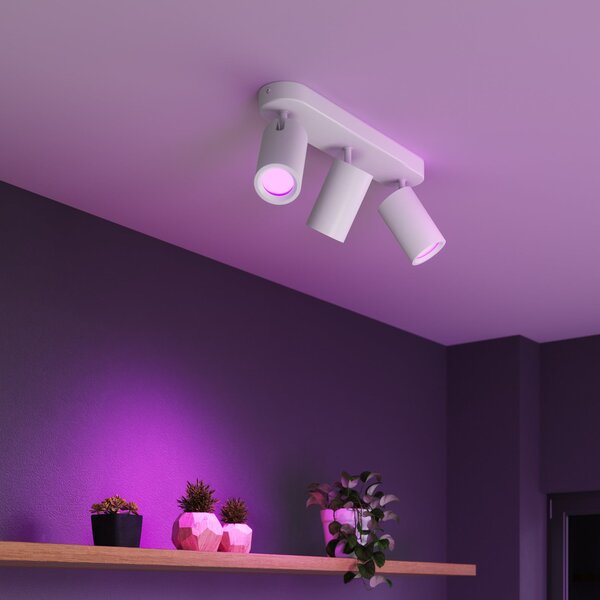 Calex Smart stropni reflektor, bel, dolžina 37 cm, 3-žarčni GU10-LED RGBW, zatemnjen, Bela, Dnevna soba / jedilnica, Kovina, Sodobni, Polkrožni strop z razmikom