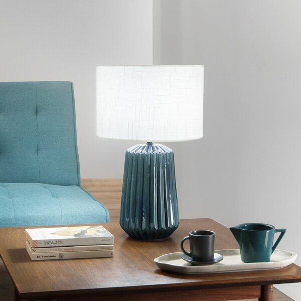 Luce Ambiente Design Namizna svetilka Kiowa, višina 46 cm, modra/bela, keramika/tkanina, Modra, Dnevna soba / jedilnica, Keramika