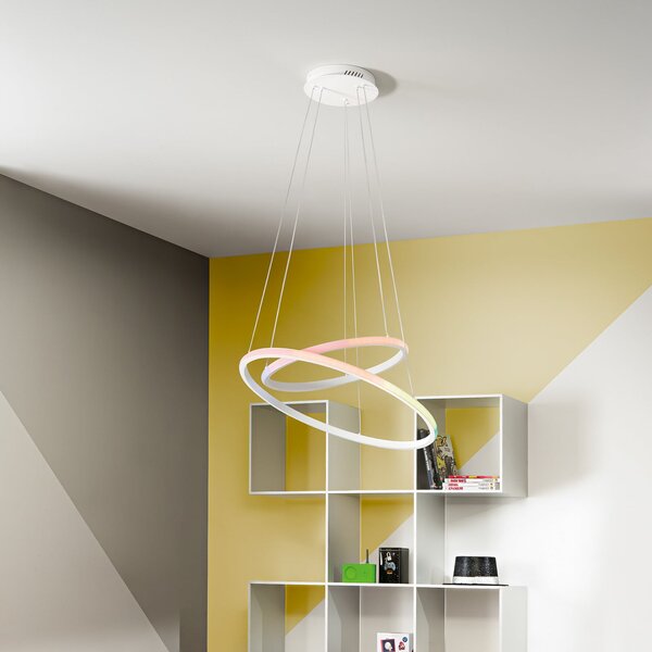 Luce Ambiente Design LED viseča svetilka Axis, Ø 60/40 cm, bela, kovina, CCT, RGB, Bela, Dnevna soba / jedilnica, Kovina, Sodobni