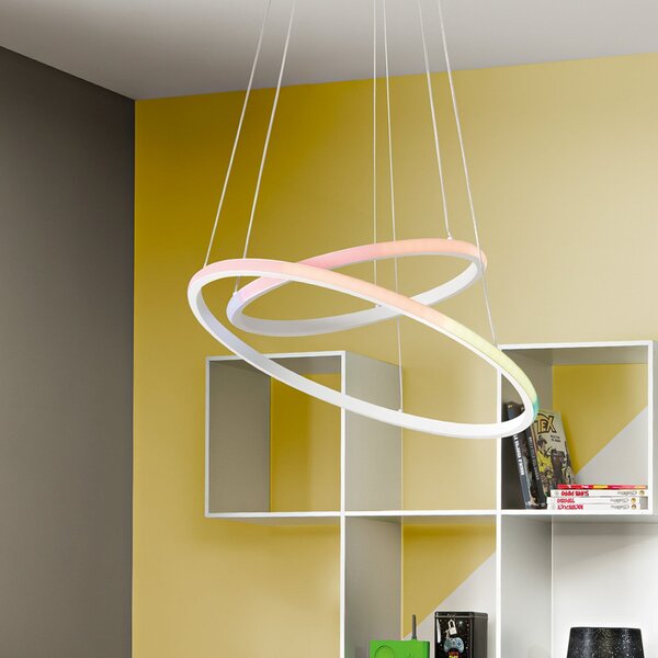 Luce Ambiente Design LED viseča svetilka Axis, Ø 60/40 cm, bela, kovina, CCT, RGB, Bela, Dnevna soba / jedilnica, Kovina, Sodobni