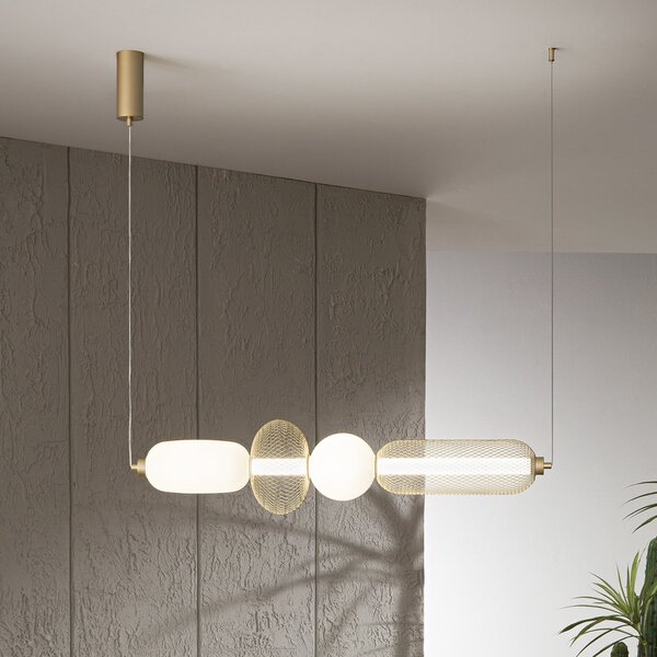 Luce Ambiente Design LED viseča svetilka INKAS, višina 90 cm, zlata barva, steklo/kovina, CCT, Zlata / medeninasta, Dnevna soba / jedilnica, Steklo