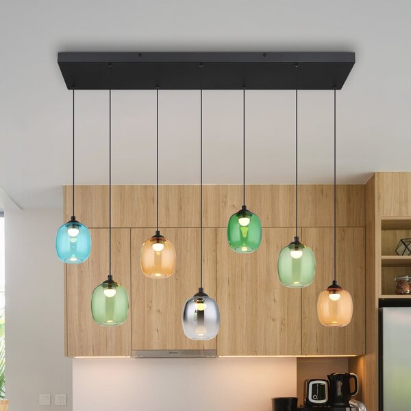 Globo LED viseča svetilka Minara, 7-svetilna, dolžina 102 cm, barvna, steklo, zatemnjen, Večbarvna, Dnevna soba / jedilnica, Kovina, Sodobni