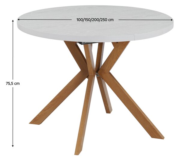 KONDELA Raztegljiva jedilna miza, bela/hrast, 100-250 x 75,5 cm, LUKOS