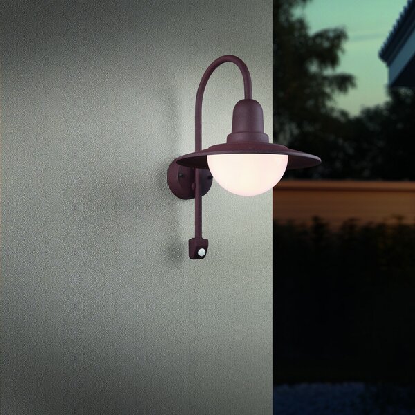 Trio Lighting Zunanja stenska svetilka s senzorjem NORMAN, rjava, Ø 30 cm kovina/steklo IP44, zatemnjen, Rjava / rjasta, Aluminij, Okrogla stena