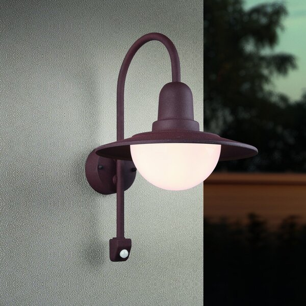 Trio Lighting Zunanja stenska svetilka s senzorjem NORMAN, rjava, Ø 30 cm kovina/steklo IP44, zatemnjen, Rjava / rjasta, Aluminij, Okrogla stena