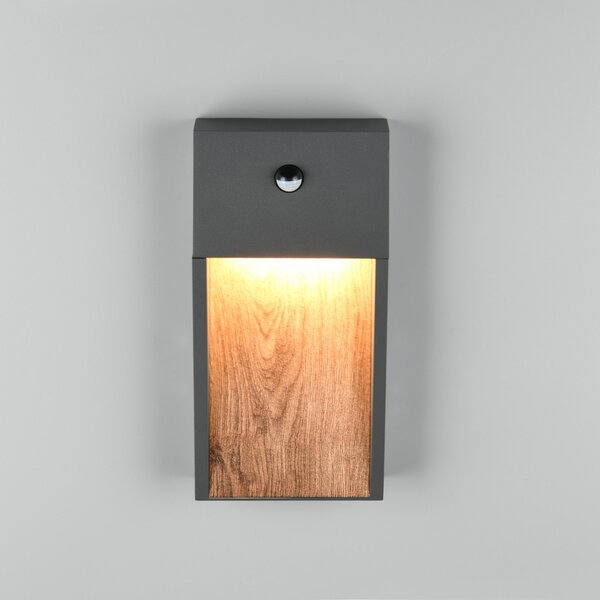 Trio Lighting LED senzorna zunanja stenska svetilka SALMON, videz lesa, višina 33 cm IP44, Les, Aluminij, Sodobni, Stenska vtičnica spodaj