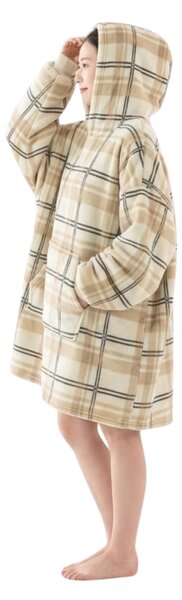 Topla odeja z imitacijo ovčje volne z rokavi in kapuco PLAID, kremna