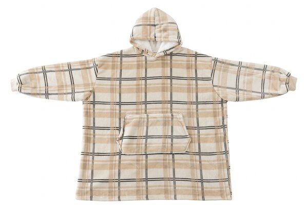 Topla odeja z imitacijo ovčje volne z rokavi in kapuco PLAID, kremna
