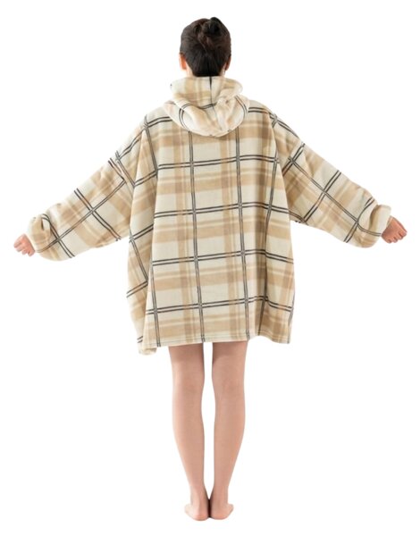 Topla odeja z imitacijo ovčje volne z rokavi in kapuco PLAID, kremna
