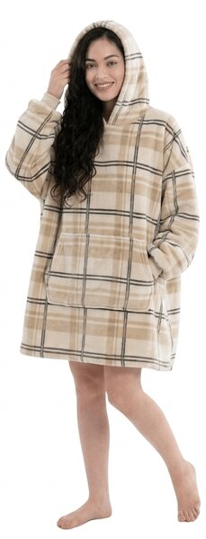 Topla odeja z imitacijo ovčje volne z rokavi in kapuco PLAID, kremna