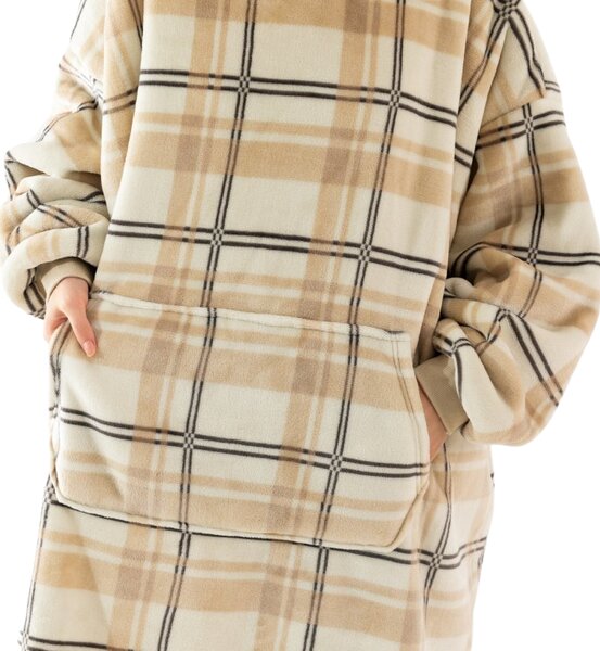 Topla odeja z imitacijo ovčje volne z rokavi in kapuco PLAID, kremna