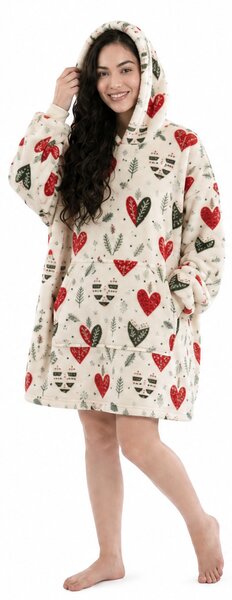 Topla odeja z imitacijo ovčje volne z rokavi in kapuco WINTER HEARTS, barvna