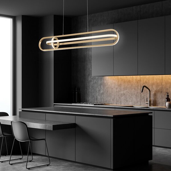 Quintiesse LED viseča svetilka DENMARK, zlata brušena, dolžina 107 cm, kovina, zatemnjen, Zlata / medeninasta, Dnevna soba / jedilnica, Aluminij, Sodobni