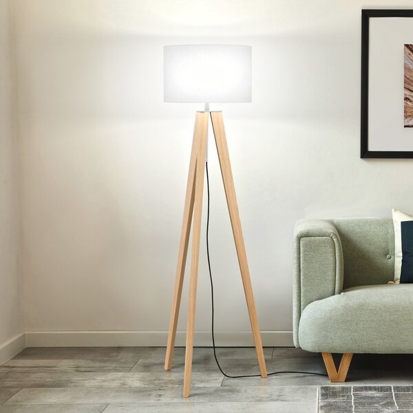 FISCHER & HONSEL Stojna svetilka SHINE-WOOD, bela/nikelj/hrast, višina 164 cm 3 x E27, Bela, Dnevna soba / jedilnica, Tkanine / tekstil, Tripod