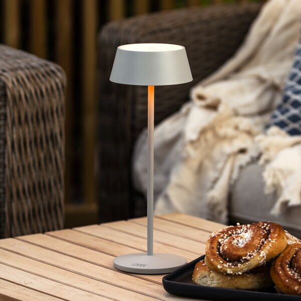 Konstsmide LED-akumulatorska namizna svetilka Menton, siva, višina 27 cm, IP54, USB, zatemnjen, Siva, Dnevna soba / jedilnica, Kovina, Sodobni