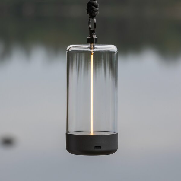 Konstsmide LED-akumulatorska namizna svetilka Edison, višina 15 cm, siva/prozorna, IP54, zatemnjen, Prozorna, Dnevna soba / jedilnica, Plastika, Sodobni