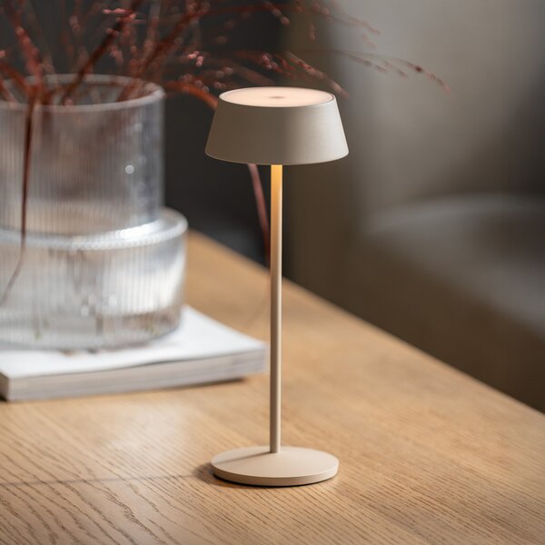 Konstsmide LED-akumulatorska namizna svetilka Menton, peščena barva, višina 27 cm, IP54,, zatemnjen, Bež, Dnevna soba / jedilnica, Kovina, Sodobni