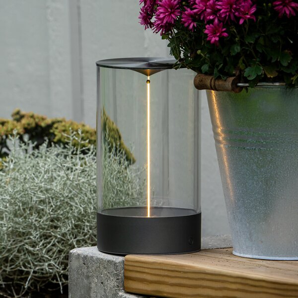 Konstsmide LED-akumulatorska namizna svetilka Edison, višina 23 cm, siva/prozorna, IP54, zatemnjen, Prozorna, Dnevna soba / jedilnica, Plastika, Sodobni