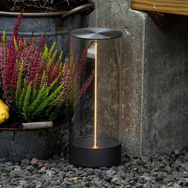 Konstsmide LED-akumulatorska namizna svetilka Edison, višina 32 cm, siva/prozorna, IP54, zatemnjen, Prozorna, Dnevna soba / jedilnica, Plastika, Sodobni