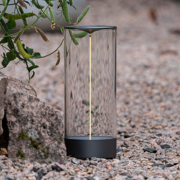 Konstsmide LED-akumulatorska namizna svetilka Edison, višina 32 cm, siva/prozorna, IP54, zatemnjen, Prozorna, Dnevna soba / jedilnica, Plastika, Sodobni