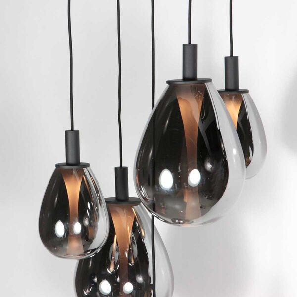 Mexlite LED viseča svetilka Glimsy, Ø 40 cm črna/dimno siva steklo 5-fl., zatemnjen, Siva, Dnevna soba / jedilnica, Steklo
