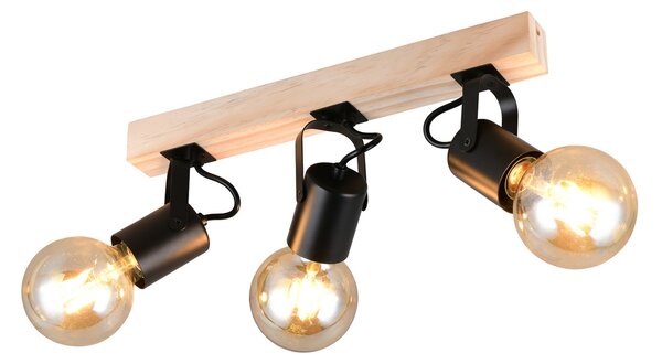 Reality Leuchten Stropna svetilka Lynar, črna, les, kovina, dolžina 42 cm, 3-svetilna., zatemnjen, Črna, Dnevna soba / jedilnica, Kovina, Sodobni, Strop z več plameni