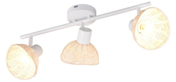 Reality Leuchten Stropna svetilka Calvi, bela, naravni ratanski, dolžina 59 cm, 3-delna., zatemnjen, Bela, Dnevna soba / jedilnica, Kovina, Strop z več plameni
