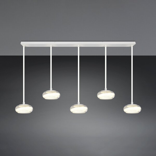 Trio Lighting LED viseča svetilka Tarsia, bela mat, dolžina 161 cm, steklo, 5-svetilna., zatemnjen, Bela, Dnevna soba / jedilnica, Steklo, Sodobni
