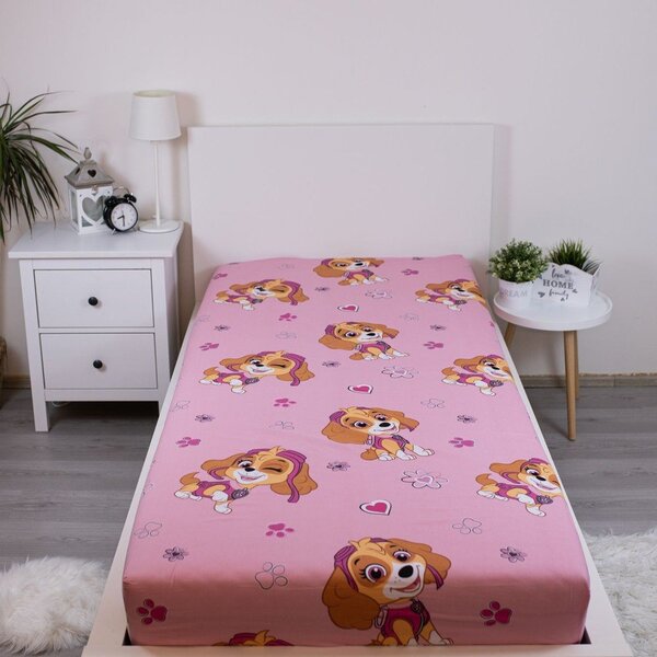 Rožnata napenjalna enojna bombažna otroška rjuha 90x200 cm Paw Patrol – Jerry Fabrics
