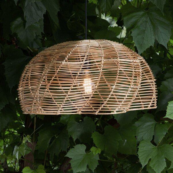 PR Home Zunanja viseča svetilka Mayla, naravni ratang, Ø 53 cm, vtič IP44, Les, Les