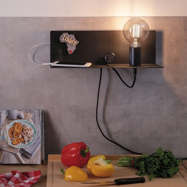 Paulmann stenska svetilka Devara, črna 40 cm E27 USB-priključek, zatemnjen, Črna, spalnica, Kovina, Sodobni