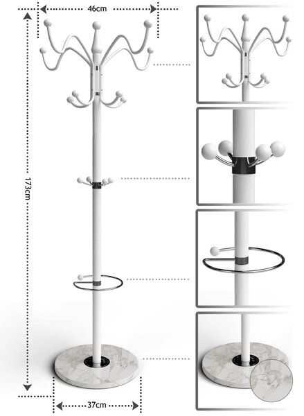 Stoječe obešalo TENZY z marmornim podstavkom, 37x173cm, belo Casaria