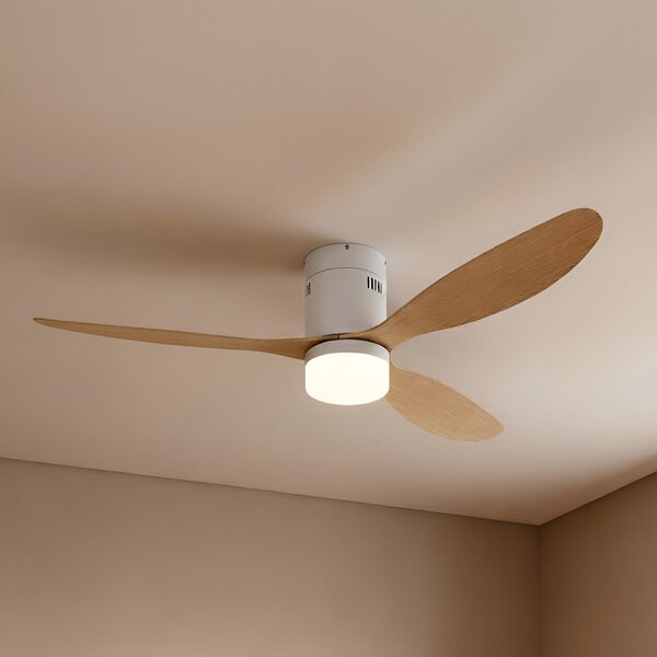 Lucande LED stropni ventilator Kayu, bel/les, DC, 132 cm, Les, Dnevna soba / jedilnica, Plastika, Sodobni