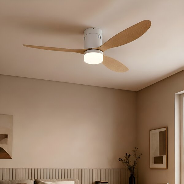 Lucande LED stropni ventilator Kayu, bel/les, DC, 132 cm, Les, Dnevna soba / jedilnica, Plastika, Sodobni