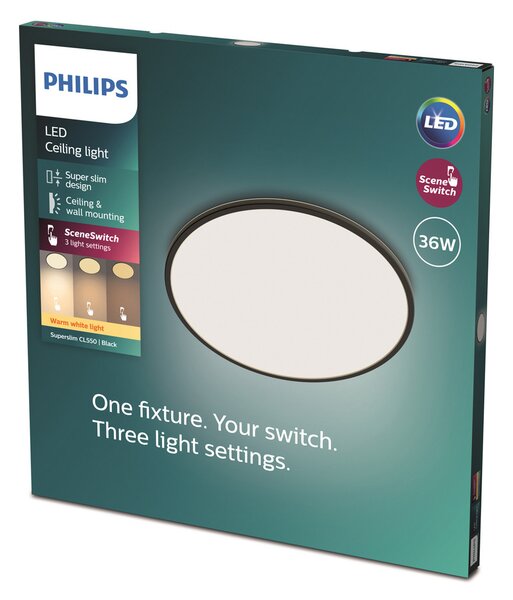 Philips Philipsova stropna svetilka SuperSlim 2.700K Ø54cm črna, zatemnjen, Črna, Študija / pisarna, Kovina