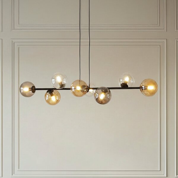 EMIBIG LIGHTING Visoka svetilka Glassy, 8-svetilna, črna, grafit/jantar/prozorna, zatemnjen, Črna, Dnevna soba / jedilnica, Steklo, Sodobni, Globus