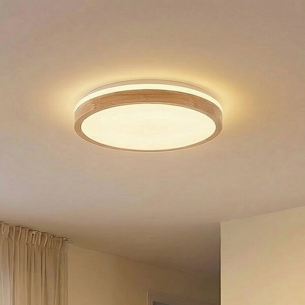 Lindby LED stropna svetilka Emiva, Ø 49 cm, CCT, les, zatemnjen, Les, Dnevna soba / jedilnica, Les, Sodobni