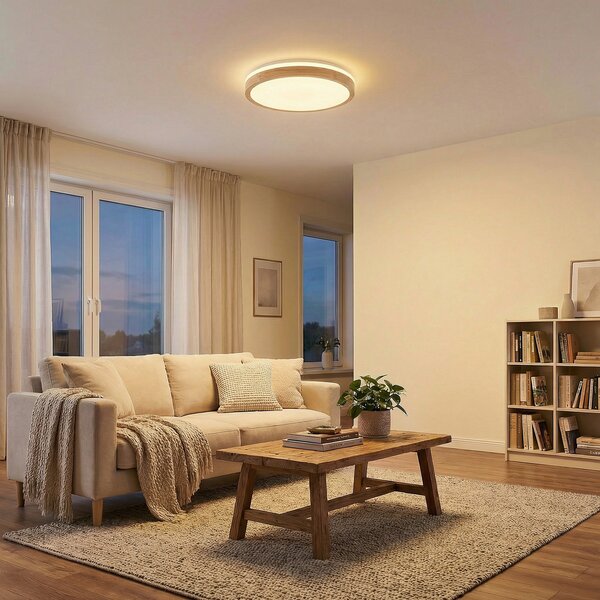 Lindby LED stropna svetilka Emiva, Ø 49 cm, CCT, les, zatemnjen, Les, Dnevna soba / jedilnica, Les, Sodobni