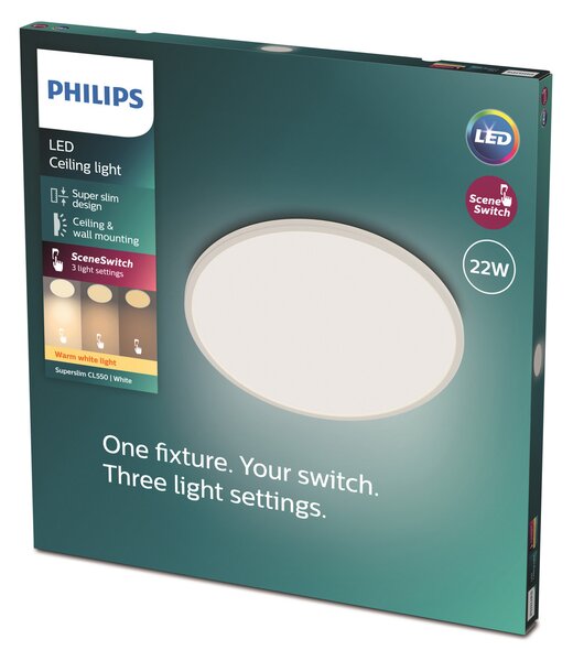 Philips SuperSlim stropna svetilka 2.700K Ø42cm bela, zatemnjen, Bela, Študija / pisarna, Kovina
