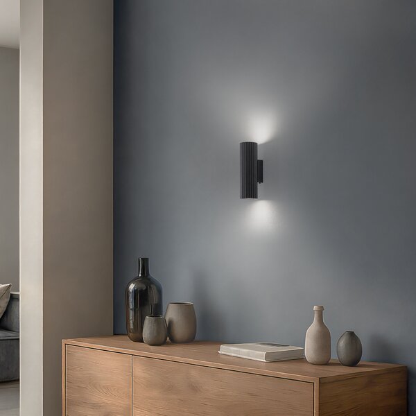 SOLLUX LIGHTING Karbonska stenska svetilka, črna, višina 20 cm, aluminij, 2 luči., zatemnjen, Črna, Dnevna soba / jedilnica, Aluminij, Sodobni