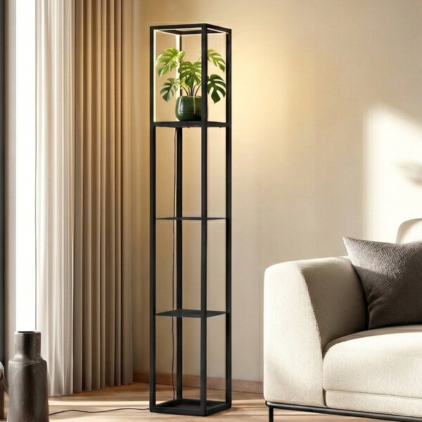 Lindby LED-stojna svetilka Birta, polica, 155 cm, črna, kovina, zatemnjen, Črna, Dnevna soba / jedilnica, Kovina, Sodobni