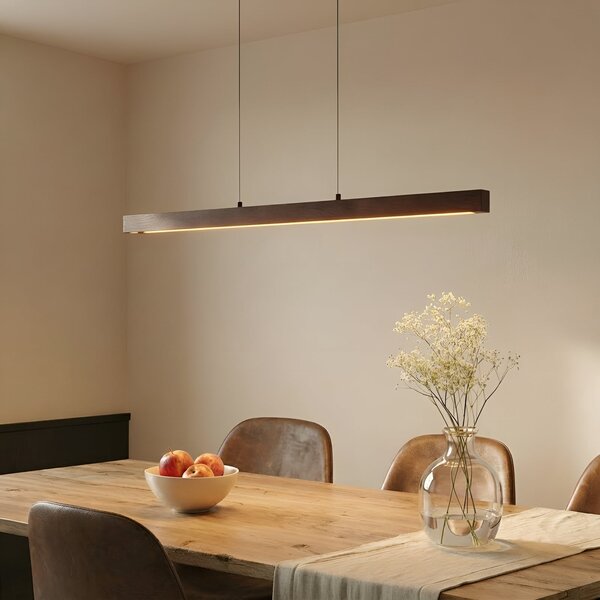 Lucande LED viseča svetilka Nihalo, oreh, 122 cm, z možnostjo zatemnitve, CCT, zatemnjen, Les, Dnevna soba / jedilnica, Les, Podeželska hiša / Rustikalna