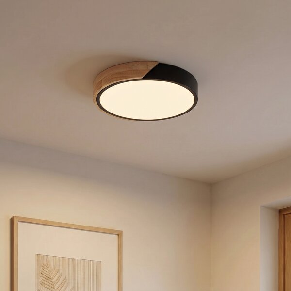 PRIOS LED stropna svetilka Lynorri, Ø 32 cm, črna, lesni vzorec, Črna, Dnevna soba / jedilnica, Plastika, Sodobni