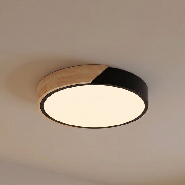 PRIOS LED stropna svetilka Lynorri, Ø 32 cm, črna, lesni vzorec, Črna, Dnevna soba / jedilnica, Plastika, Sodobni