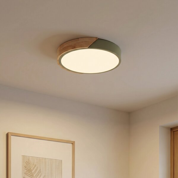 PRIOS LED stropna svetilka Lynorri, Ø 32 cm, zelena, v videzu lesa, Zelena, Dnevna soba / jedilnica, Plastika, Sodobni