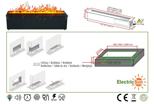 Kamin na vodno paro, ElectricSun MISTique Medij, 100 cm, 8-barvnim plamenom, z zvokom, WiFi aplikacijo